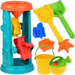 Grote set zandbak speelgoed met emmer, hark en waterwiel