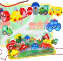 Houten rijgblokjes – voertuigen en verkeersborden met speelmat