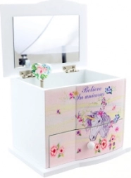 Houten muziekjuwelendoos met eenhoorn met spiegel en lade