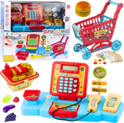 Speelset voor kinderen: kassa, mandje en etenswaren met effecten