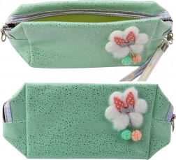 Etui/kosmetictasje met strikje, glinsterende glittertjes en wolkjesmotief, mint