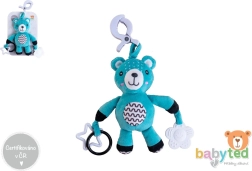 Pluchen teddybeer met clip en rammelaar voor kinderwagen en ledikant 30 cm
