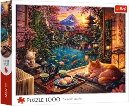 Puzzel 1000 stukjes kat in een sakuratuin