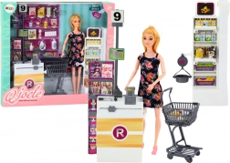 Pop in de supermarkt met stellingen, winkelmandje en boodschappen