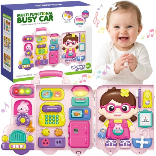 Woopie interactieve manipulatietafel Busy car 3-in-1 in een koffertje met geluid en licht
