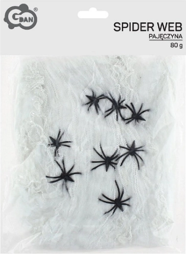 Wit spinnenweb met 8 zwarte spinnen 80 g