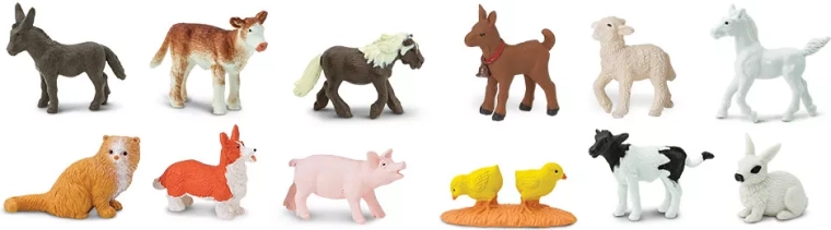 Jonge dieren van de boerderij – set van 48 met de hand beschilderde mini-diertjes
