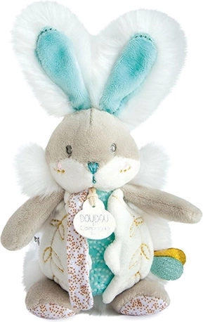Doudou knuffelspeeltje konijntje met rammelaar en speenclip 21 cm – Turkoois