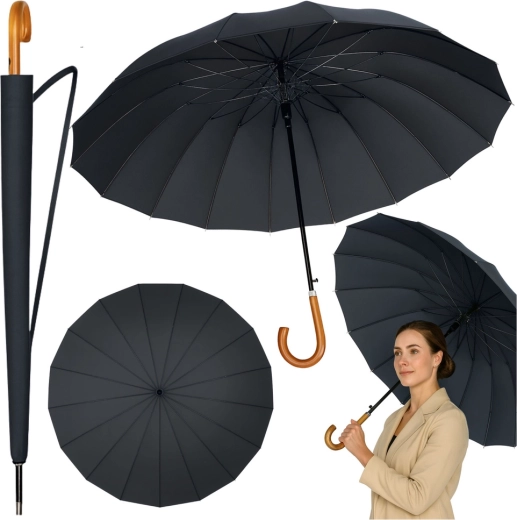 Grote automatische paraplu met houten handvat, 24 ribben, 115 cm, zwart