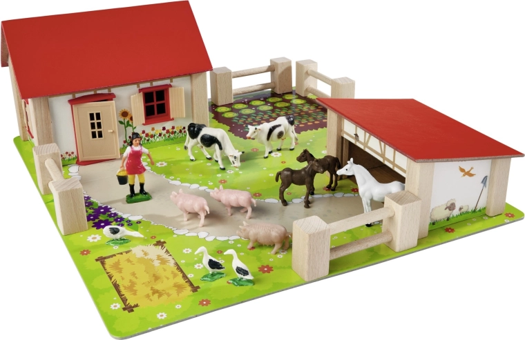 Stevige houten gebouwen met rood dak