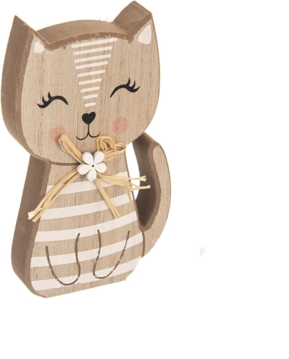 Houten decoratie kat gestreept bruin-wit 15 cm