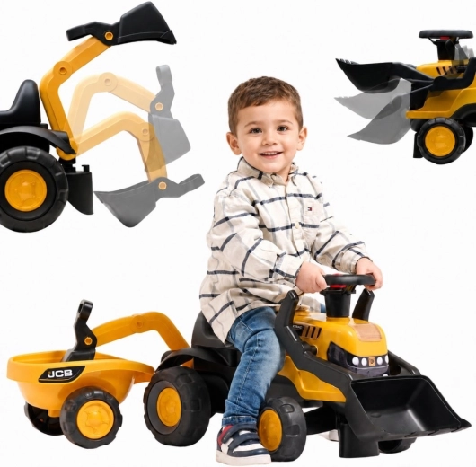 Loopfiets JCB voor kinderen met aanhanger, schepje en harkje