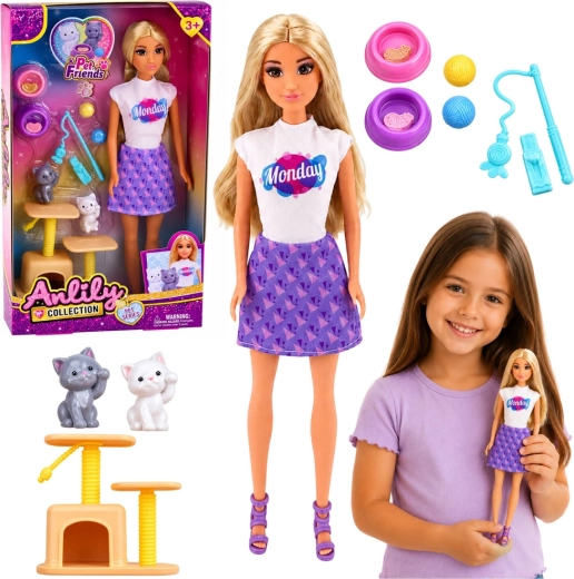 Anlily modieuze pop met kittens en krabpaal (30 cm)