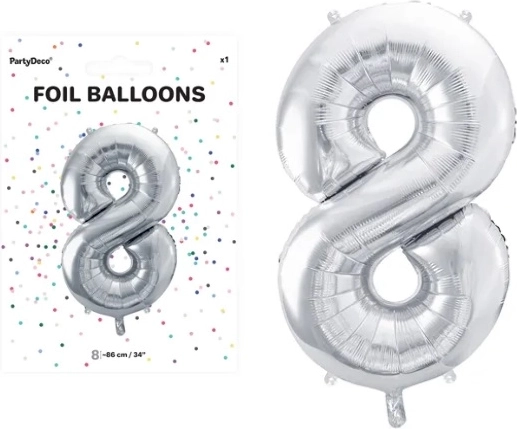 Zilveren folieballon met het cijfer 8, 86 cm