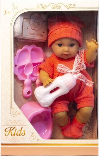 Babypop met accessoires, drinkt en plast - 1 stuk