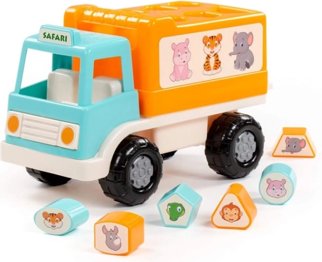 Educatieve safari-vrachtwagen met vormensorteerder, oranje