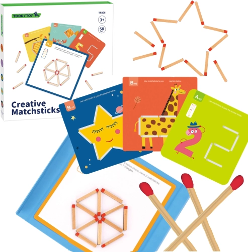 TOOKY TOY houten montessori logicaspel met magnetische lucifers, 58 stuks