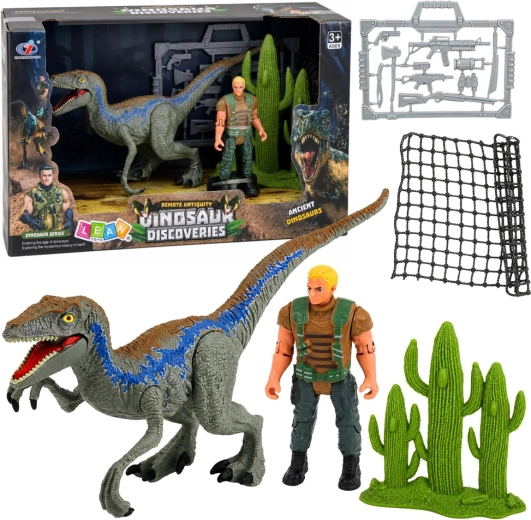 Set dinosaurus- en jagersfiguur met beweegbare ledematen, net en accessoires - 1 stuk