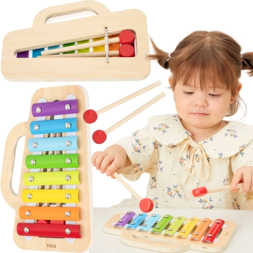 Houten xylofoon voor kinderen met regenboogtoetsen VIGA