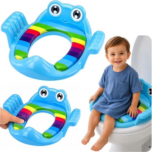 Kinder-wc-brilverkleiner met zachte bekleding en handgrepen, blauw