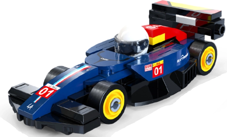 Donkerblauwe raceauto vol details