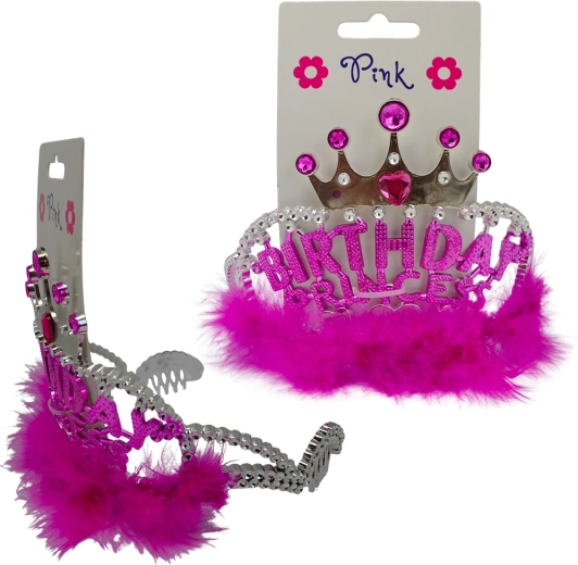 Haarband Happy Birthday met fuchsia veren