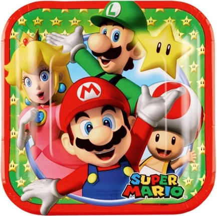 Super Mario papieren bordjes 18 × 18 cm (8 stuks)