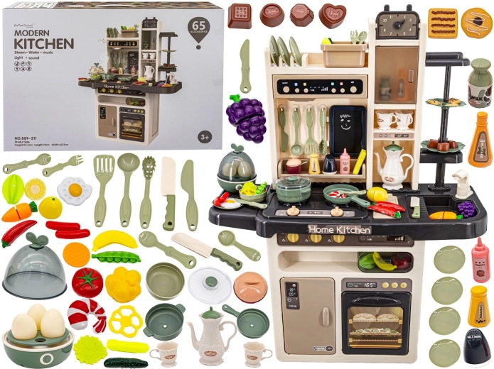 Multifunctionele kinderkeuken met oven, koelkast en gootsteen met stoom en geluid beige-grijs