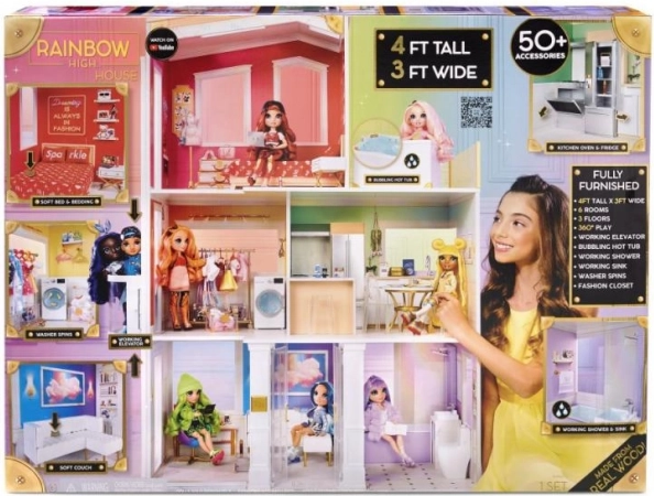 Houten tweelaags poppenhuis RAINBOW HIGH met verrassing en meubels