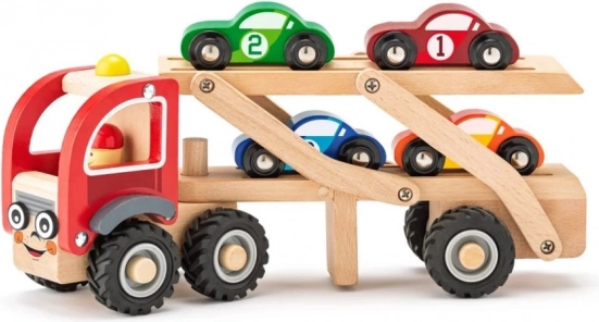 Houten autotransporter met 4 raceautootjes