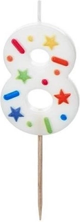 Verjaardagskaars cijfer 8 wit met confetti 5,5 cm