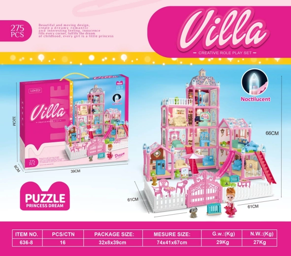 Roze poppenvilla met lichteffect en accessoires, 275 onderdelen