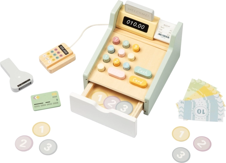 Houten kinderwinkelkassa Tooky Toy met terminal en scanner