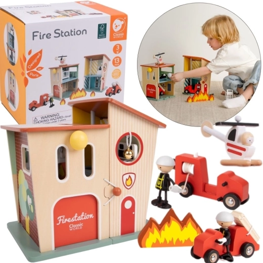 Classic World houten brandweerkazerne met autootje en helikopter
