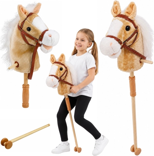 Stokpaard op stok met wieltjes en geluiden, beige 100 cm