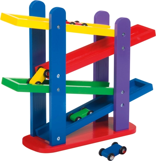 BINO houten cascade-autobaan met 4 autootjes