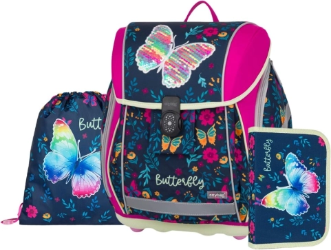 Premium licht schoolsset vlinder – rugzak, gymzak en etui