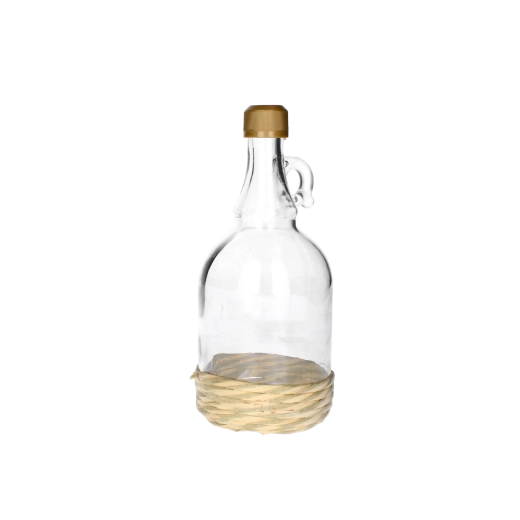 Glazen galoen 0,5 l met oor in vlechtwerk met schroefdop