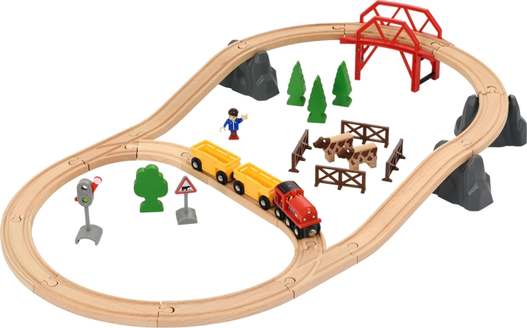 Houten treinbaan met landelijk landschap