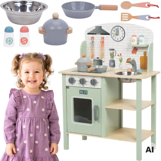 Houten kinderkeuken TOOKY TOY groen met accessoires