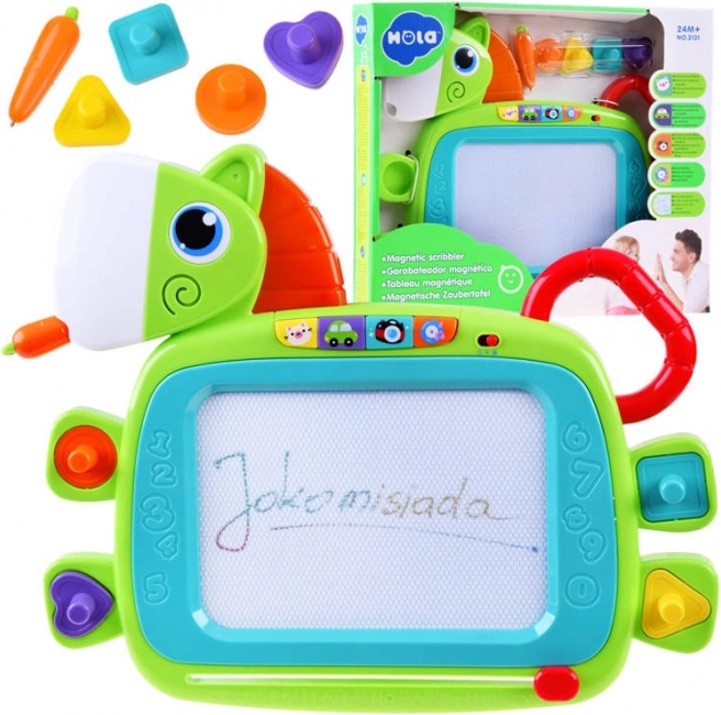 Kleurig magisch bord in de vorm van een paardje met stempels