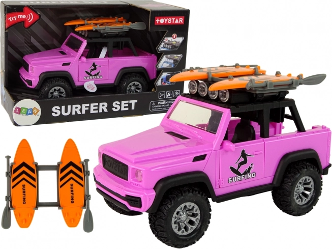 roze terreinwagen 1:14 met surfset en vliegwiel