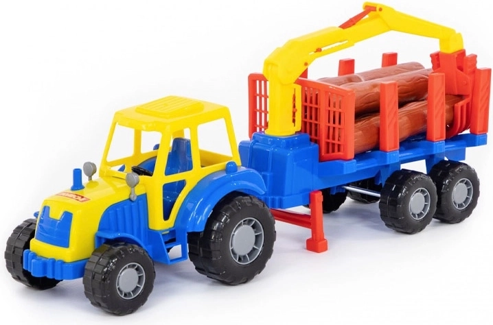 Kinderbosbouwtractor met aanhanger en boomstammen
