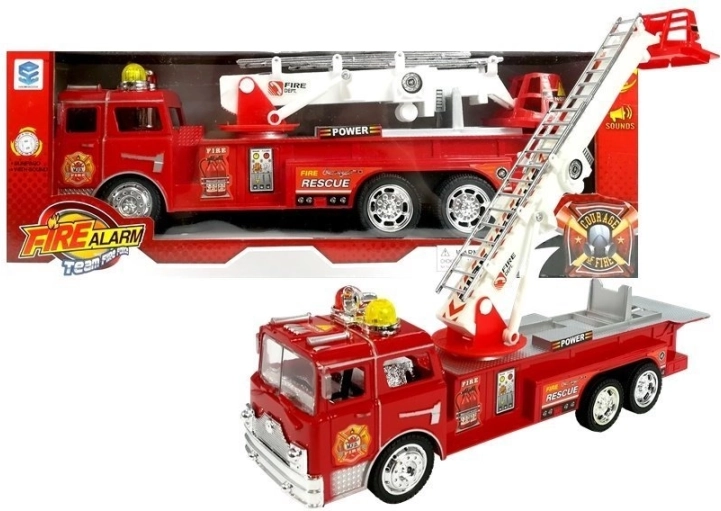 Rode brandweerwagen met uitschuifbare ladder, lichten en geluiden