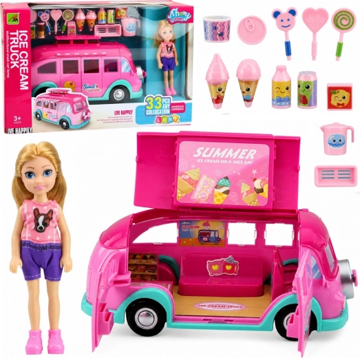 Roze foodtruck met ijsje met pop en accessoires (33 onderdelen)
