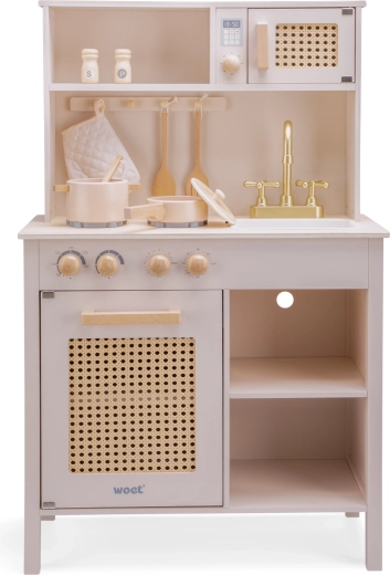 Roze houten kinderkeuken met rotan
