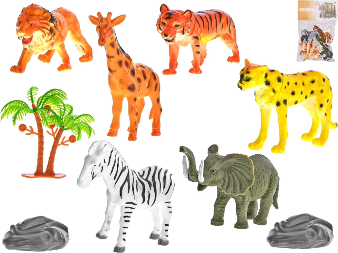 Set safari-dieren 10 cm, 6 stuks met accessoires in zakje