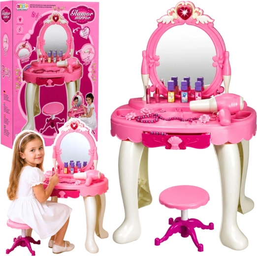 Kinderkaptafel met spiegel, licht- en geluidseffecten, met krukje en föhn (roze)