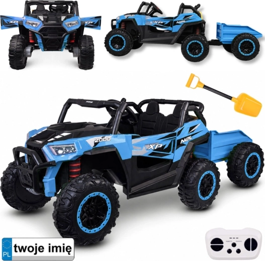 Elektrische kinderbuggy 4x4 voor twee met aanhanger – blauw