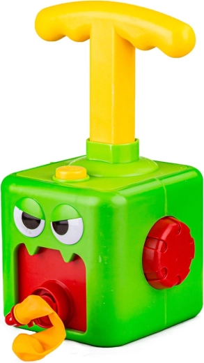 Speels ontwerp van een groen monstertje en ballonnen “uit de mond”